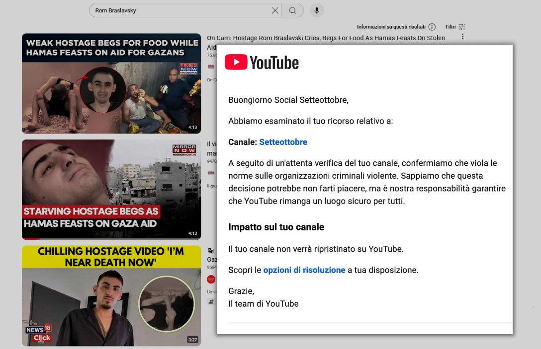 YouTube censura Setteottobre: la verità sugli ostaggi israeliani non deve passare