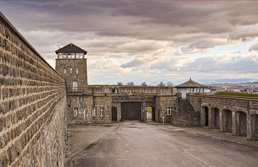 A Mauthausen in maglietta con la bandiera palestinese e l'immagine di una terrorista