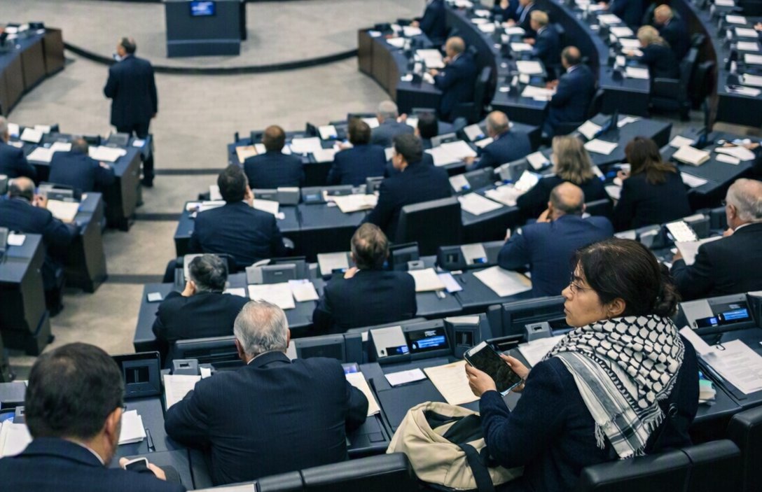 Rima Hassan, la bandiera israeliana a terra nel Parlamento europeo